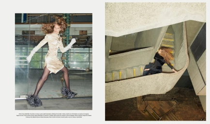 Two-panel fashion spread with a model in a gold dress on the left and resting on concrete stairs on the right, photographed by Johnny Dufort.