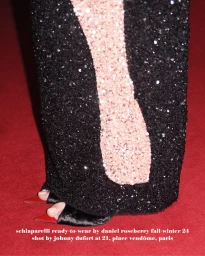 Close-up of black sequined trousers with a contrasting panel and red-topped heeled sandals on a red carpet