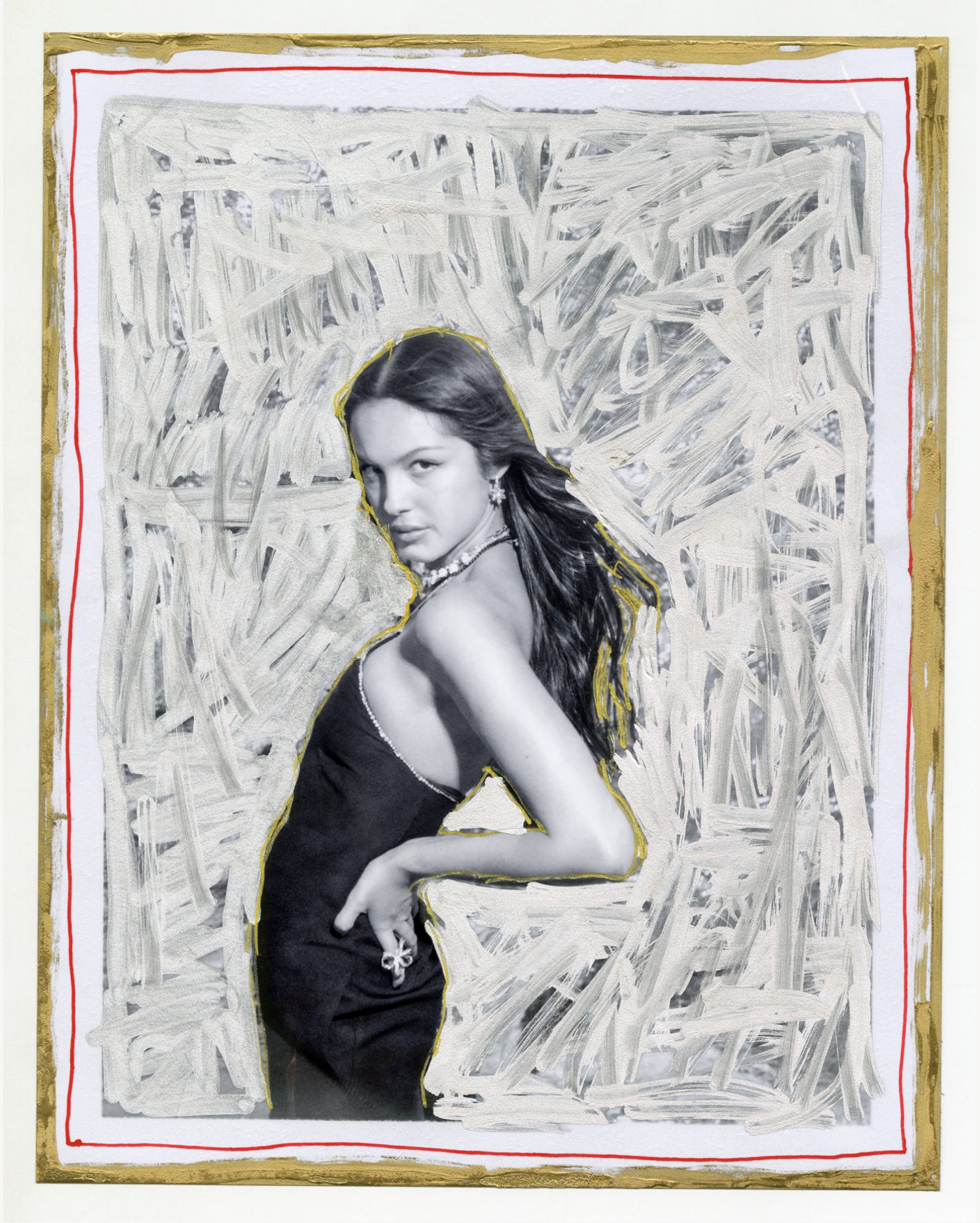 Artistic portrait of a woman in a black dress posing against a textured white and gray painted background with gold and red frame details.