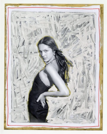 Artistic portrait of a woman in a black dress posing against a textured white and gray painted background with gold and red frame details.