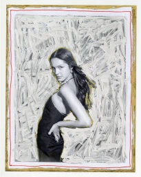 Black and white portrait of a woman in a dark dress with mixed media painted background by Jim Goldberg