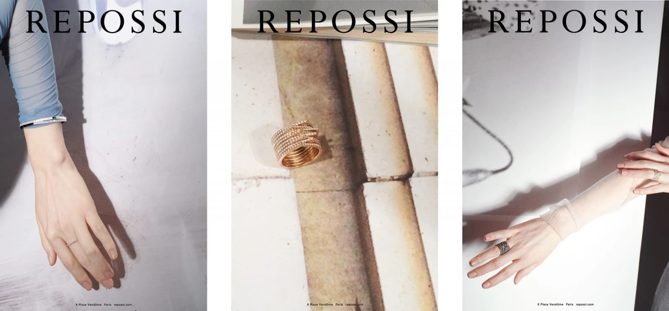 Fashion editorial featuring Repossi jewelry. A woman's arm with a ring and bracelet are visible along with the brand's logo.