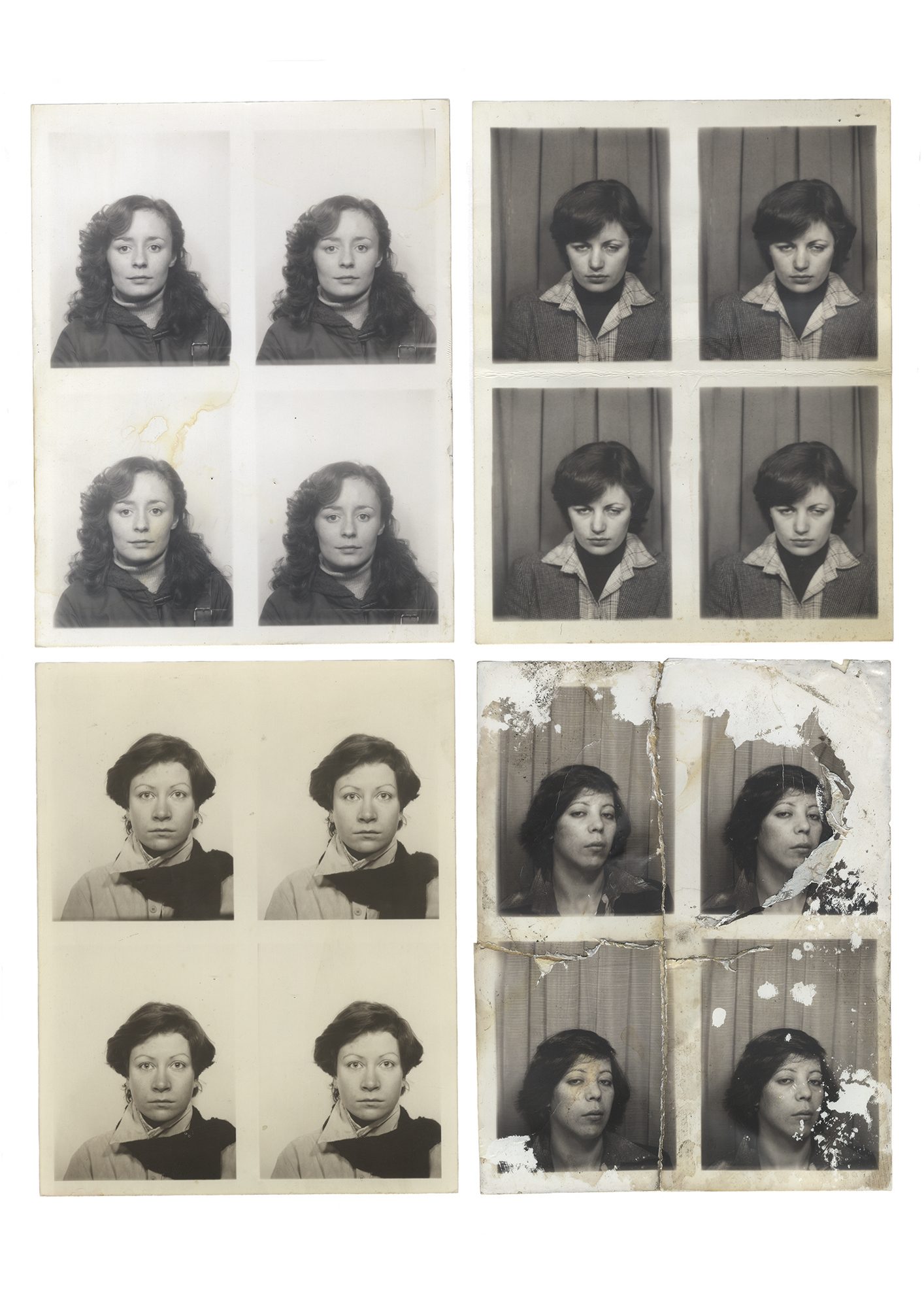 Multiple black and white passport-style photographs of women with various hairstyles and expressions, capturing a vintage aesthetic.