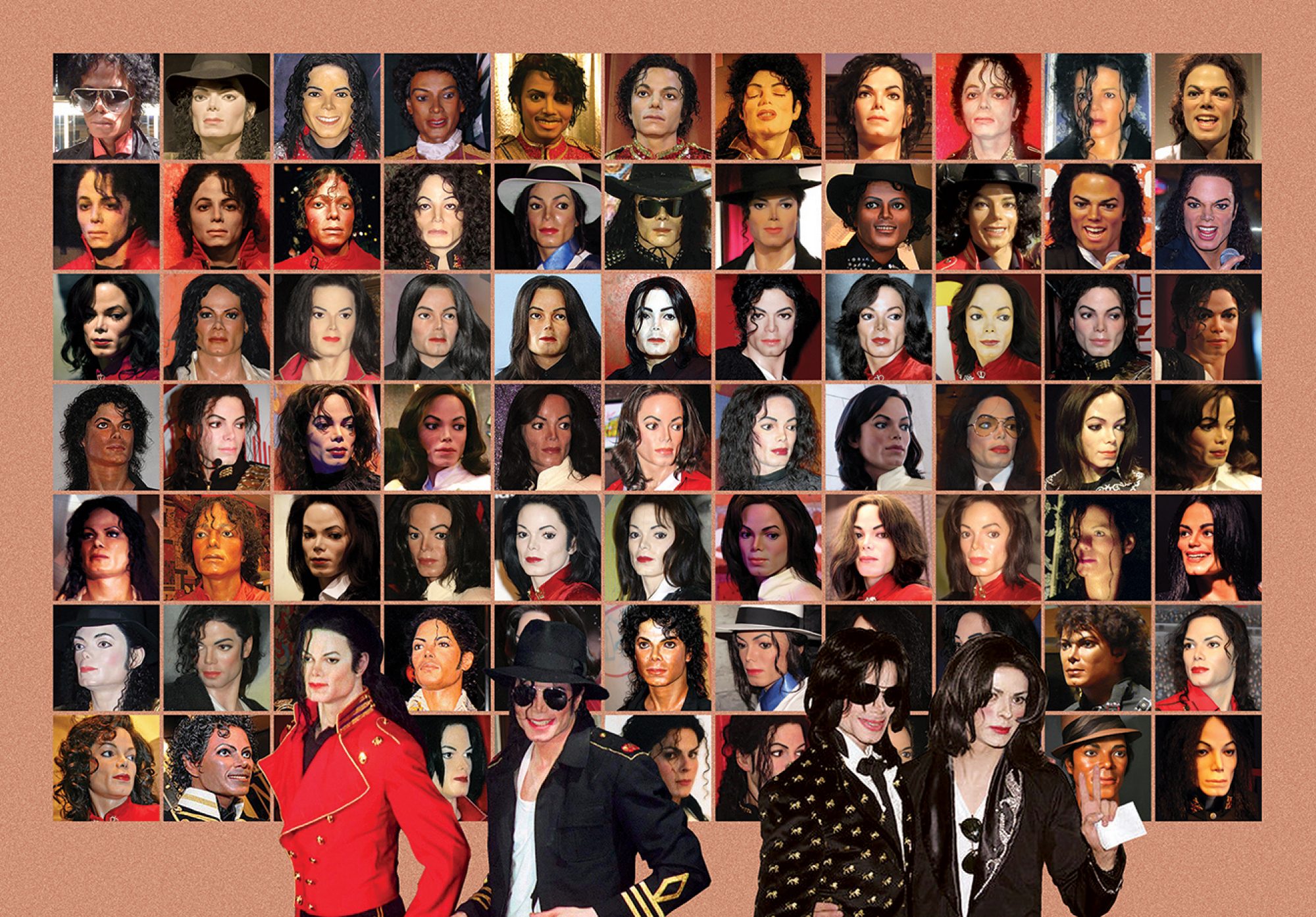 Composite image featuring multiple headshots and partial body shots of Michael Jackson in various outfits and hairstyles against a brown backdrop.