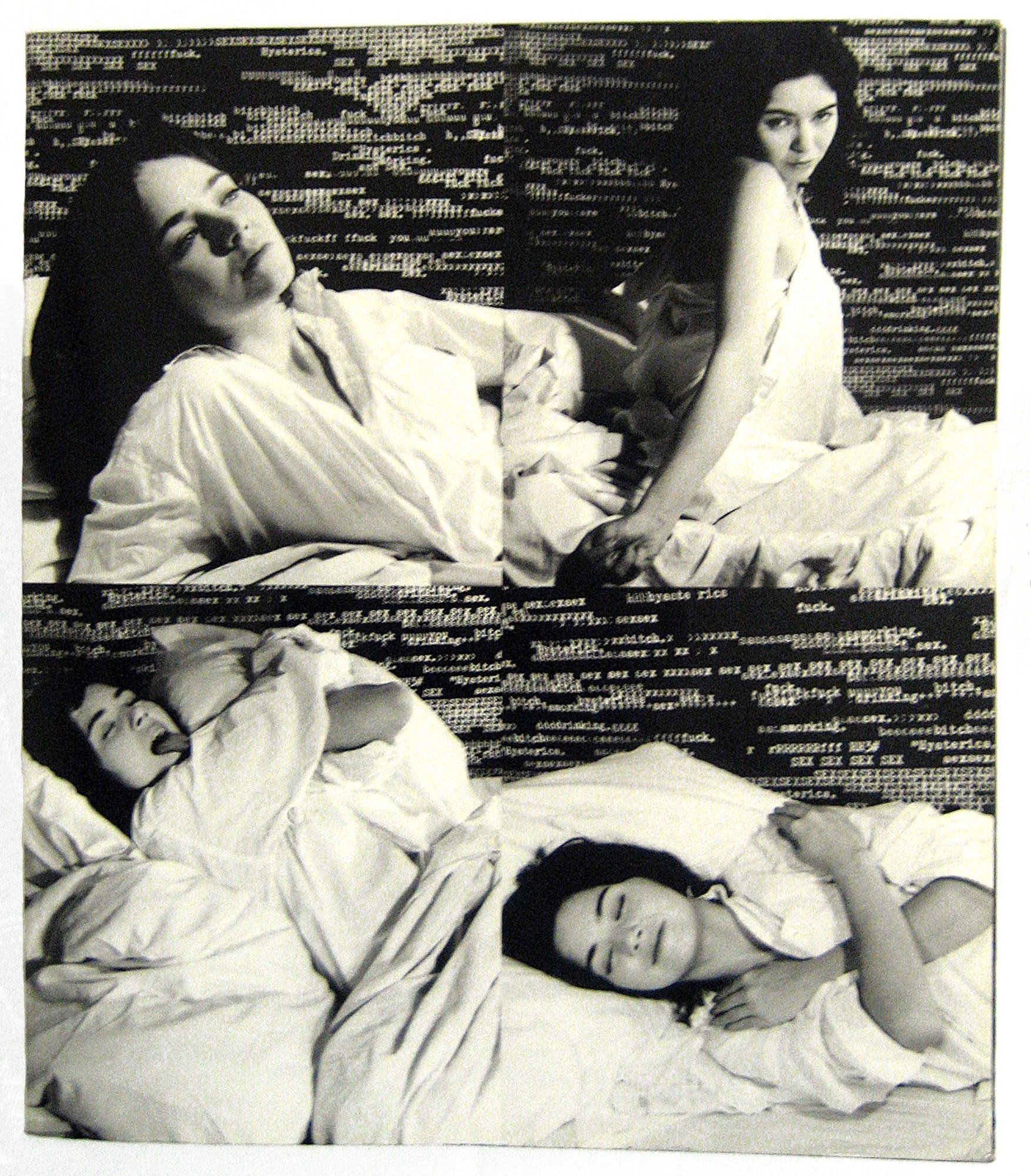 Collage of a woman in different poses in bed with text in the background in black and white, creating a surreal and artistic scene.