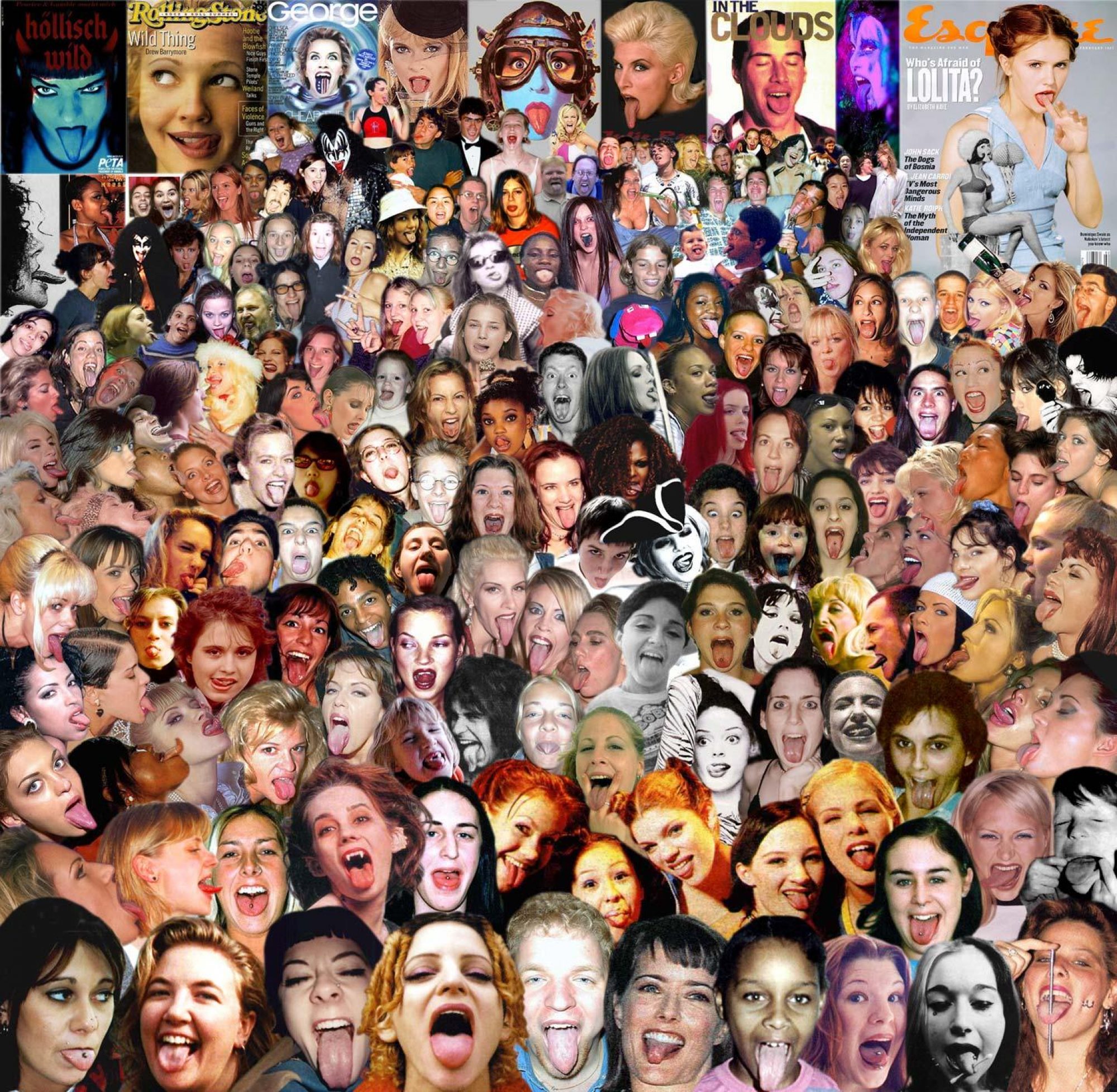 Large collage image featuring numerous people with their mouths open and tongues out, arranged densely with magazine cover details visible.