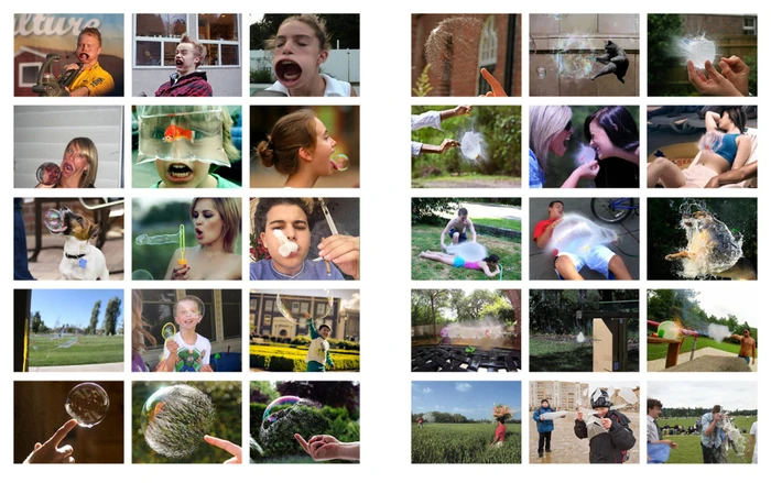 A contact sheet of multiple photographs capturing people interacting with water balloons, bubbles, and splashes in London by Dick Jewell.