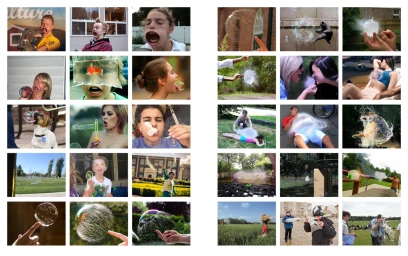 A contact sheet of multiple photographs capturing people interacting with water balloons, bubbles, and splashes in London by Dick Jewell.