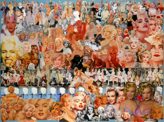 Dense photo collage of celebrity portraits featuring Marilyn Monroe and Madonna across various poses and eras.