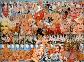 Dense photo collage of celebrity portraits featuring Marilyn Monroe and Madonna across various poses and eras.