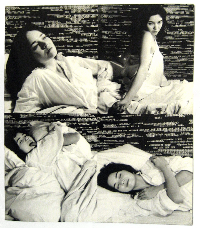 Four-panel photographic collage by Dick Jewell featuring a woman in a white shirt lying in bed against a dark typographic background.