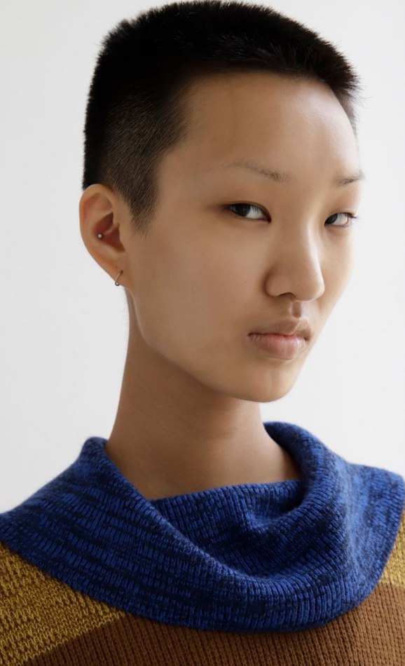 Close-up portrait of a person with short dark hair, wearing a brown and blue knit sweater, set against a plain white background.
