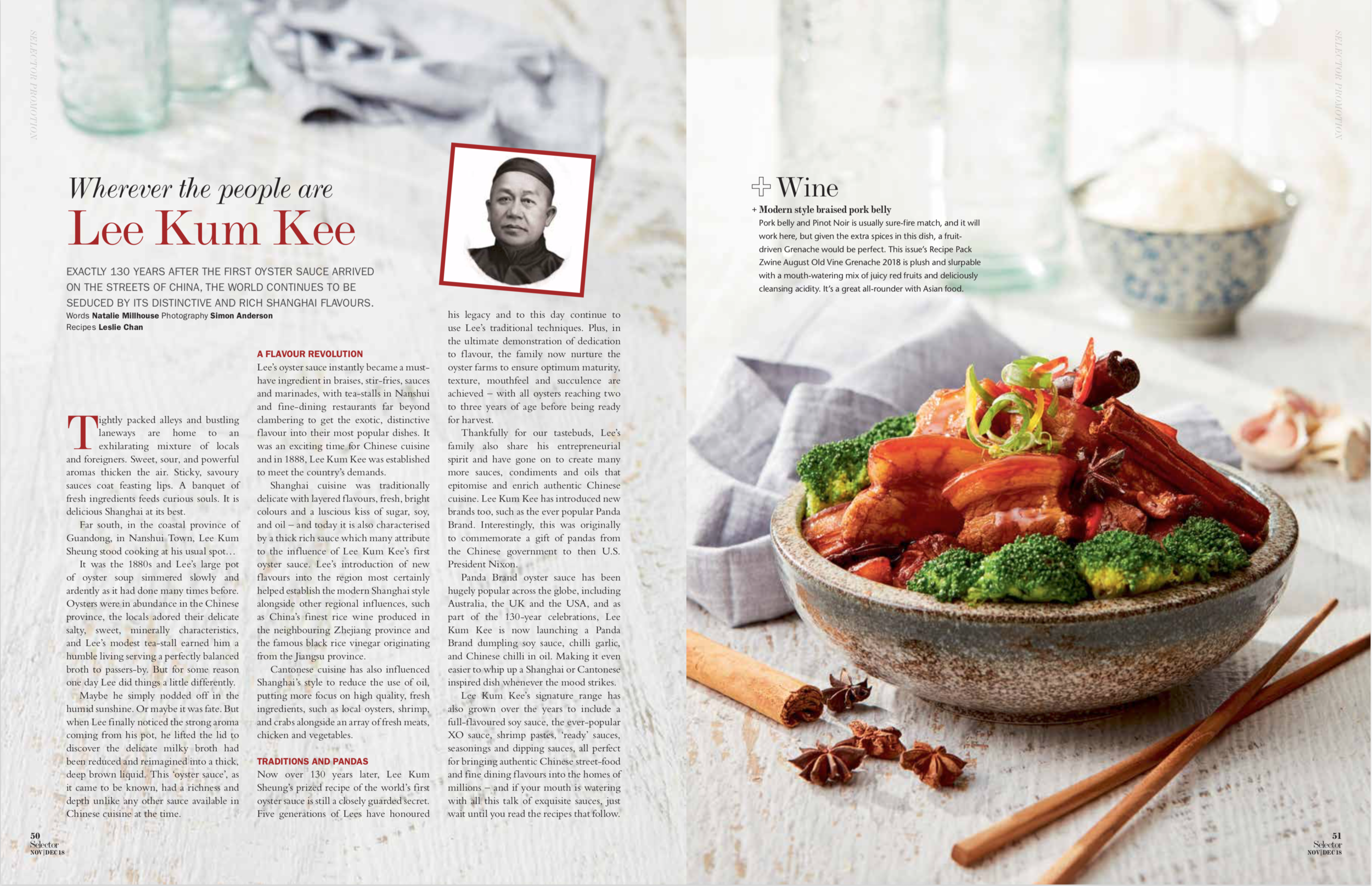 Braised pork belly dish with broccoli and spices served in a ceramic bowl, contrasted by chopsticks and text about Lee Kum Kee.
