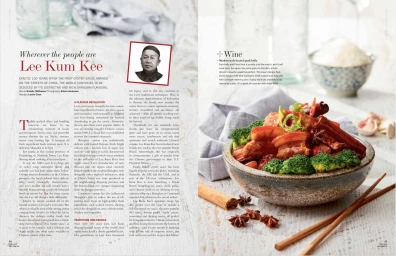 Magazine double-page spread featuring food photography of a bowl of braised pork belly with broccoli and spices.