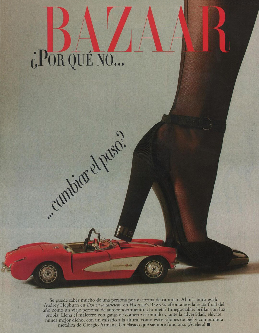 Fashion editorial featuring a woman's leg and high heel shoe stepping on a red toy car with 'BAZAAR' magazine logo in the background.