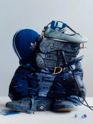 Stacked pile of blue designer fashion accessories including a handbag ballet flat and sports cap against a white background