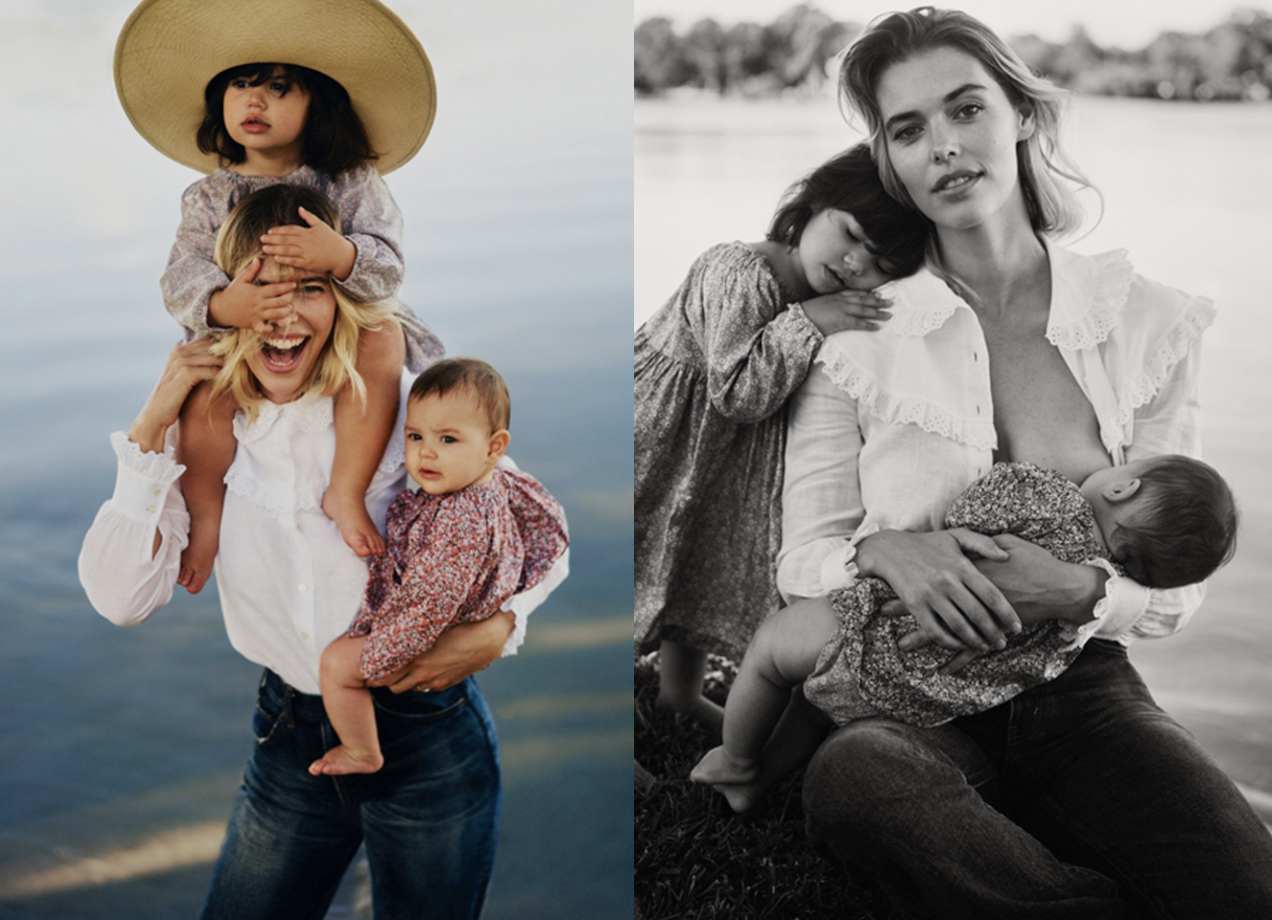 Two-panel image of a blonde woman with two children; one breastfeeding, one on shoulders wearing a hat near a lakeside.