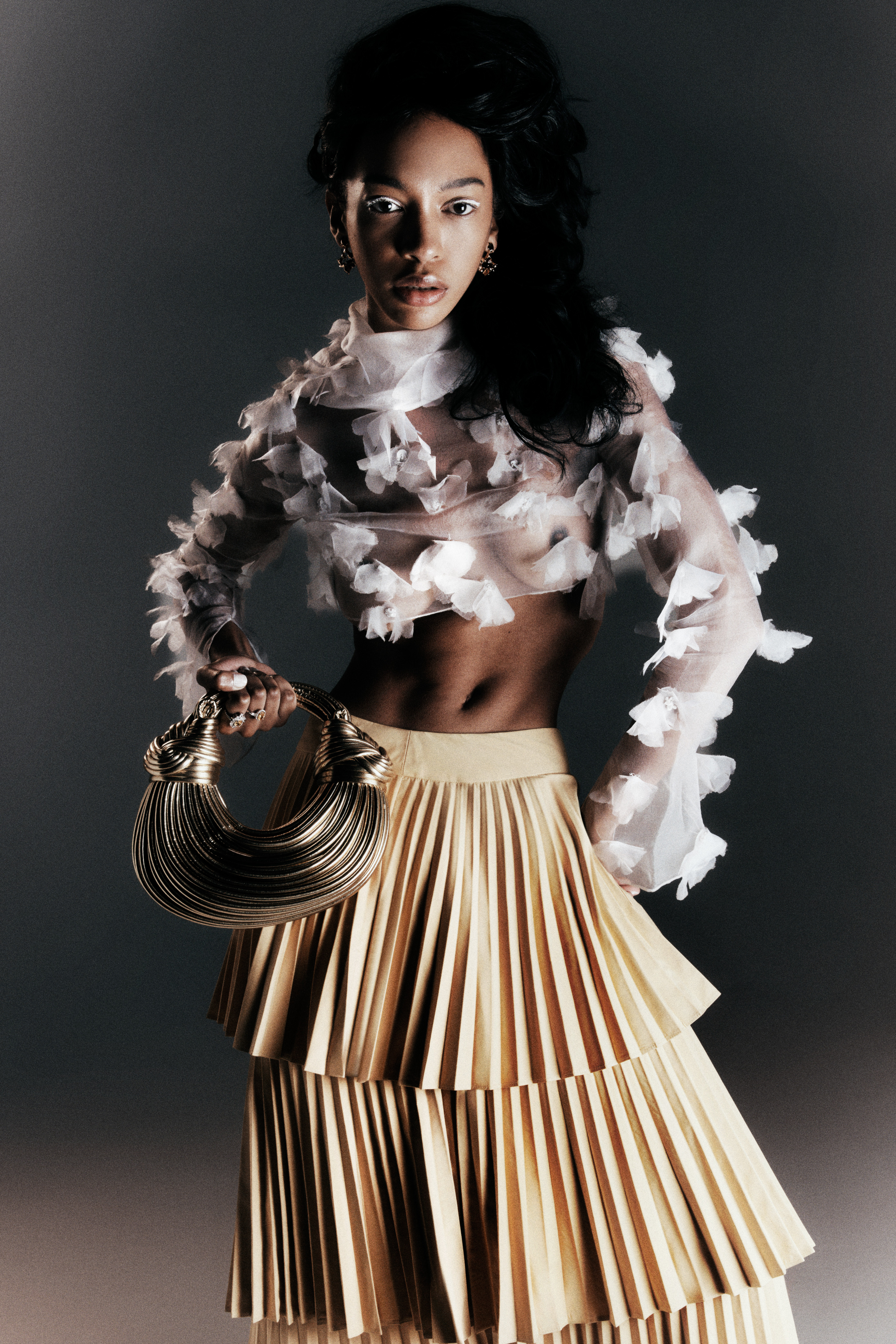 A striking fashion shot features a Black female model in a sheer floral top, layered pleated skirt, and a unique metallic handbag, against a grey backdrop.