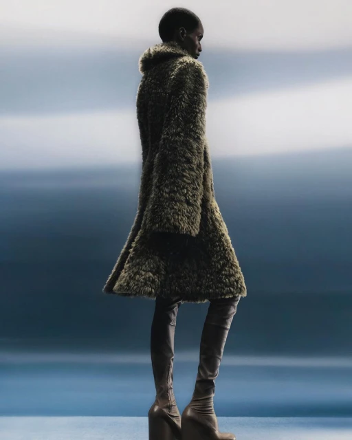 Fashion shot of a Black woman wearing a furry coat and thigh-high platform boots, posing against a soft blue background.