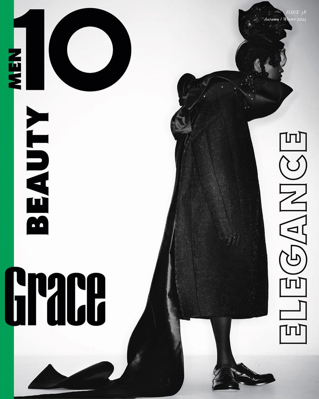 Editorial fashion shot of a woman in dramatic dark coat and headpiece on a white background with magazine cover-style graphics and text.