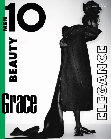 Editorial fashion shot of a woman in dramatic dark coat and headpiece on a white background with magazine cover-style graphics and text.