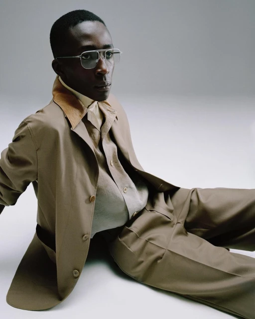 Portrait of a Black male model with sunglasses in a beige suit jacket and pants sitting in a photo studio with a light background.