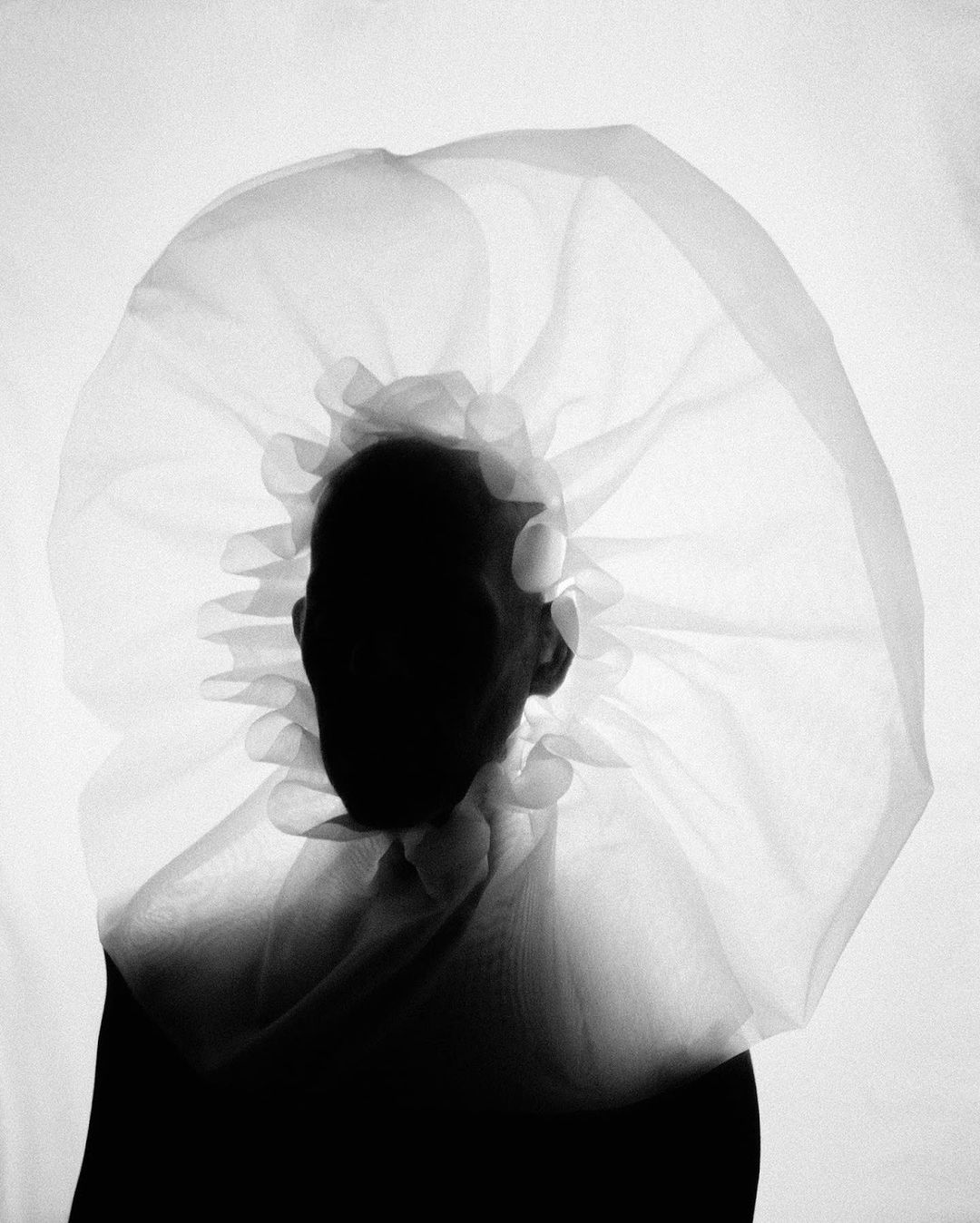 Monochrome portrait of a person with head and shoulders visible, wearing a sheer, frilled collar, against a bright white background.