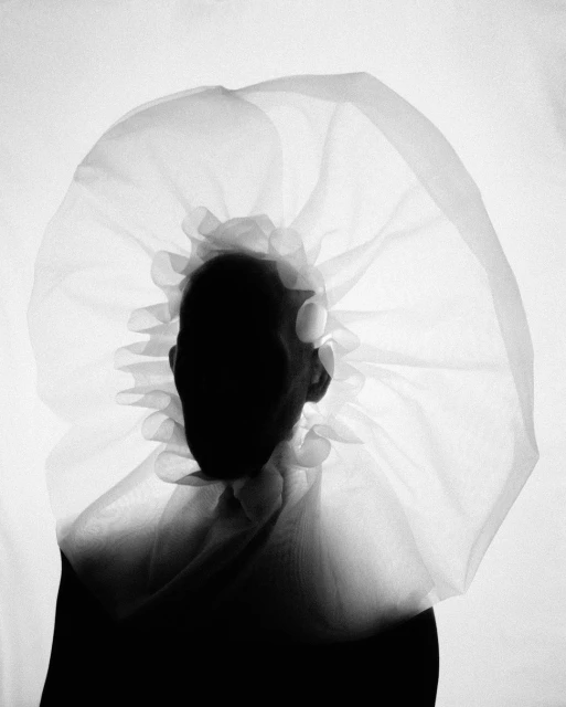 Monochrome portrait of a person with head and shoulders visible, wearing a sheer, frilled collar, against a bright white background.