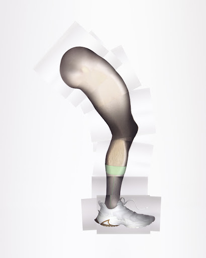 Abstract digital art rendering of a human leg wearing a white sneaker and green support band, on a plain white background.