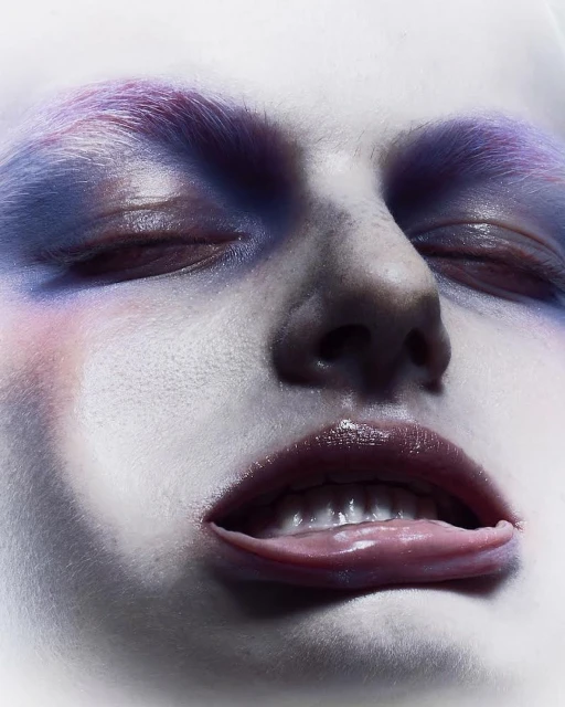 Close-up shot of a woman's face with closed eyes, heavy purple and blue eye makeup, and her tongue slightly sticking out of her mouth.
