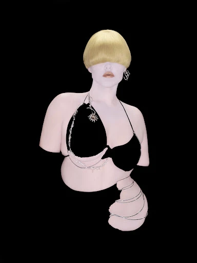 Stylized fashion image features a bust of a woman with a blonde bowl cut, wearing a black bikini top with silver detailing on a black background.