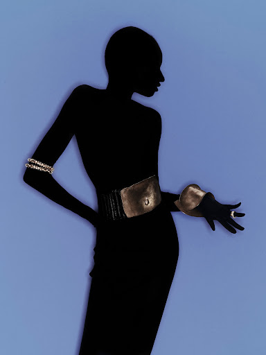 Silhouette of a person wearing metallic arm cuffs and a wide waist belt against a blue background