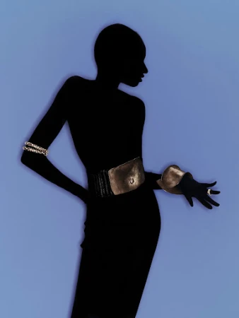 Silhouette of a person wearing metallic arm cuffs and a wide waist belt against a blue background
