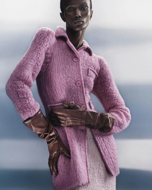 Fashion shot of an adult female with dark skin wearing a pink textured jacket and brown gloves, posing in front of a blue backdrop.
