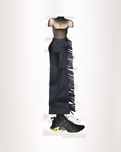 Fashion still life featuring torso, black pants with fringe, and black sneakers against a plain white background. Modern style.