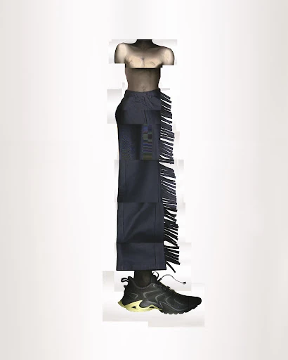 Fashion still life featuring torso, black pants with fringe, and black sneakers against a plain white background. Modern style.