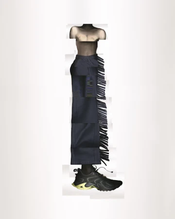 Fashion still life featuring torso, black pants with fringe, and black sneakers against a plain white background. Modern style.