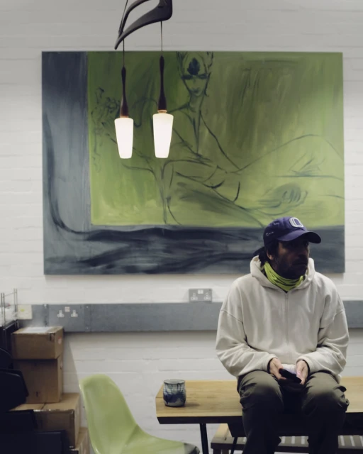 Man sitting on a table in an indoor setting with modern pendant lights and abstract wall art in the background.