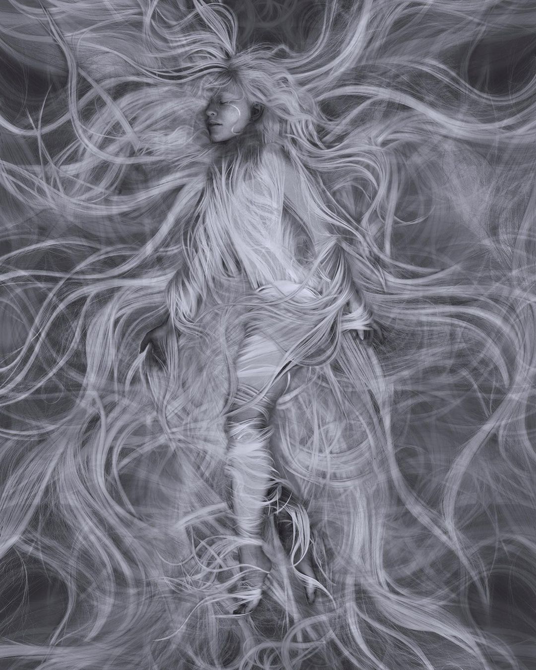 Dreamlike artwork featuring a fair-skinned person partially covered in flowing strands resembling hair, set against a muted grey background.