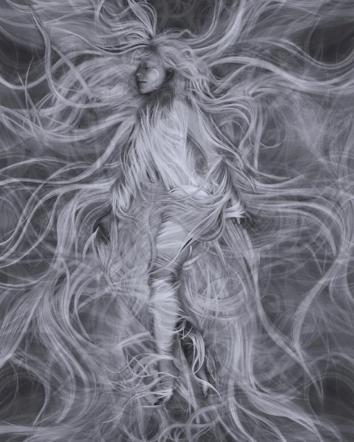 Dreamlike artwork featuring a fair-skinned person partially covered in flowing strands resembling hair, set against a muted grey background.