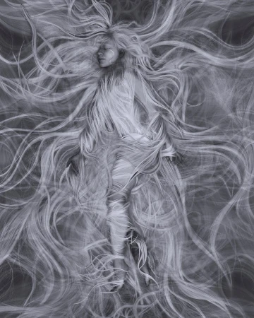 Dreamlike artwork featuring a fair-skinned person partially covered in flowing strands resembling hair, set against a muted grey background.