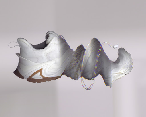 White athletic shoe with a distorted, marbled texture effect over a light background, showcasing a blend of footwear and art.