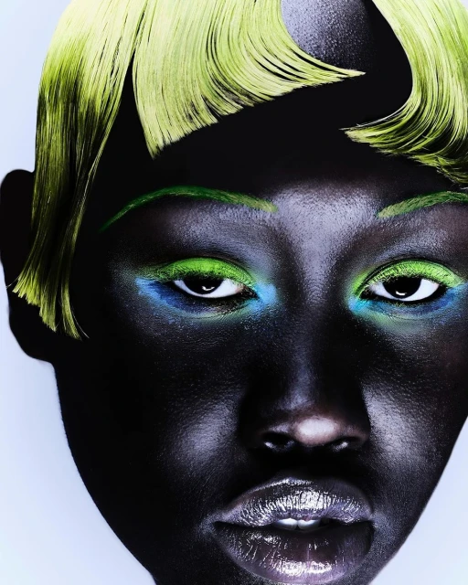 Close-up portrait of a woman with dark skin and unique green and blue makeup. She has short, bright yellow hair and glossy lips.
