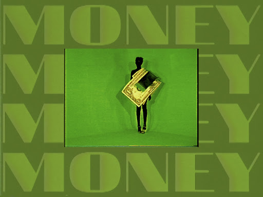 Artistic portrait of silhouette of a woman holding a US dollar bill on a green background with the word 'MONEY' repeated.