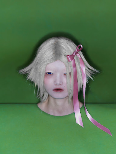 Portrait of a young person with grey hair and pink ribbon, set against a green background. Minimalist composition. Beauty shot.