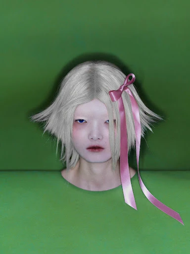 Portrait of a young person with grey hair and pink ribbon, set against a green background. Minimalist composition. Beauty shot.