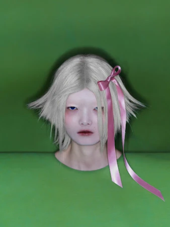 Portrait of a young person with grey hair and pink ribbon, set against a green background. Minimalist composition. Beauty shot.