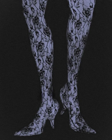 Close-up on a person's legs and feet clad in patterned lace stockings and matching heeled shoes against a dark grey backdrop.