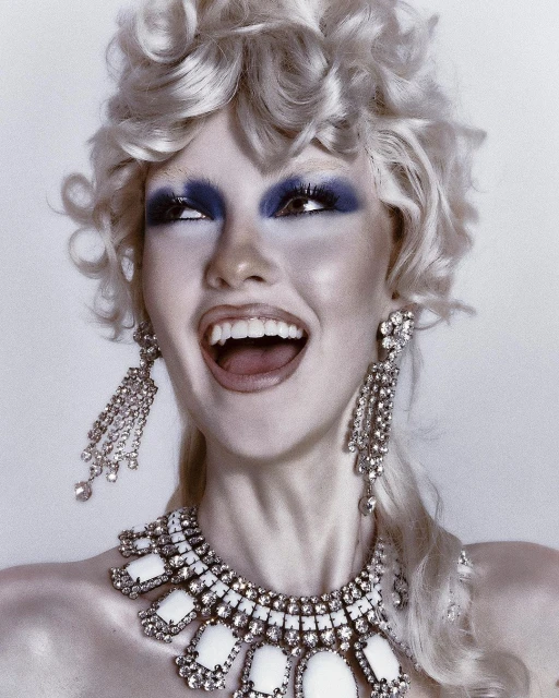 Woman with dramatic blue eye makeup, curly blonde hair, wearing statement jewelry, laughing with open mouth against a white backdrop.
