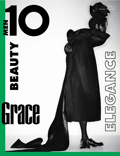 Fashion editorial of a black model posing in a black coat and heels, with magazine text against a white backdrop with green accents.